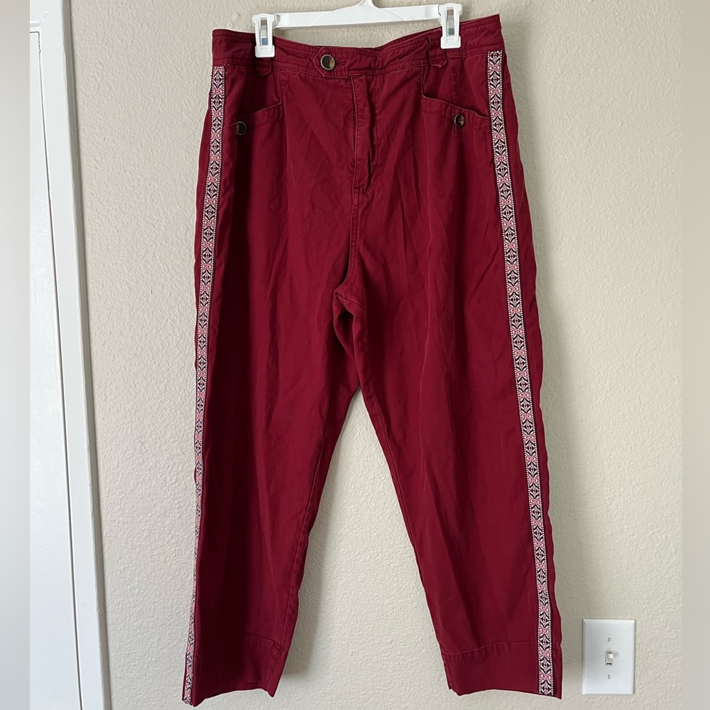 Anthropologie Maroon Embroidered Side Trim High Rise Tapered Chino Tuxedo Pants